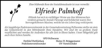 Traueranzeige von Elfriede Palmhoff von Husumer Nachrichten