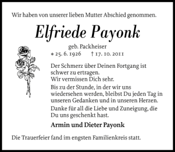Traueranzeige von Elfriede Payonk von Norddeutsche Rundschau