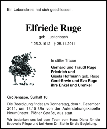 Traueranzeige von Elfriede Ruge von Holsteinischer Courier