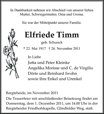 Traueranzeige von Elfriede Timm von Stormarner Tageblatt