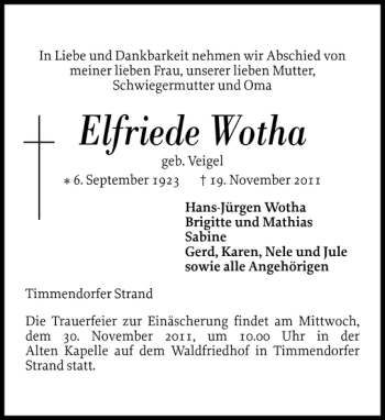 Traueranzeige von Elfriede Wotha von Norddeutsche Rundschau