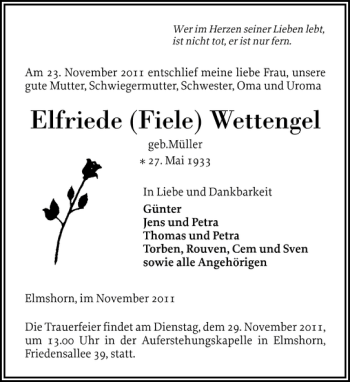 Traueranzeige von Elfriede Fiele Wettengel von Elmshorner Nachrichten
