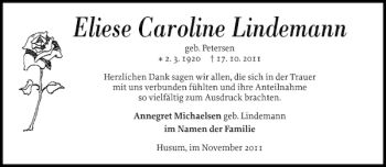 Traueranzeige von Eliese Caroline Lindemann von Husumer Nachrichten