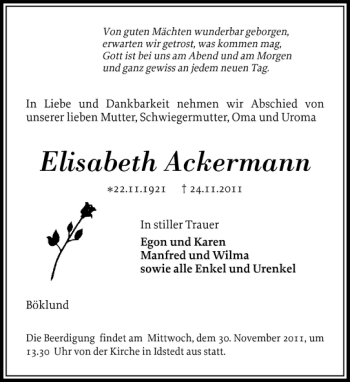 Traueranzeige von Elisabeth Ackermann von Schleswiger Nachrichten