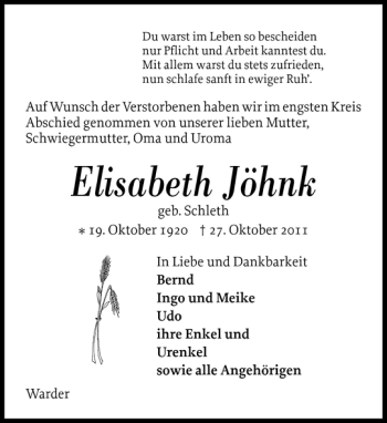 Traueranzeige von Elisabeth Jöhnk von Landeszeitung