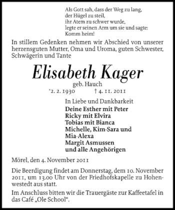 Traueranzeige von Elisabeth Kager von Landeszeitung