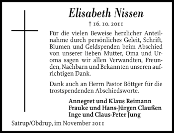 Traueranzeige von Elisabeth Nissen von Flensburger Tageblatt