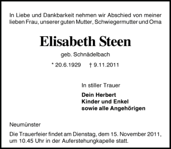 Traueranzeige von Elisabeth Steen von Holsteinischer Courier