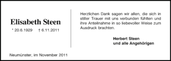 Traueranzeige von Elisabeth Steen von Holsteinischer Courier