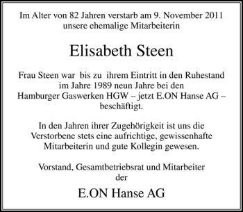 Traueranzeige von Elisabeth Steen von Holsteinischer Courier