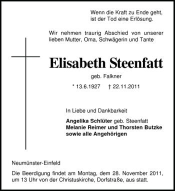 Traueranzeige von Elisabeth Steenfatt von Holsteinischer Courier