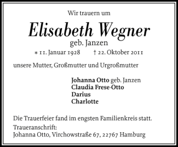 Traueranzeige von Elisabeth Wegner von Husumer Nachrichten