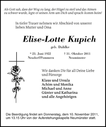 Traueranzeige von Elise-Lotte Kupich von Holsteinischer Courier