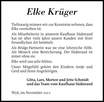 Traueranzeige von Elke Krüger von Der Insel-Bote