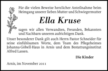 Traueranzeige von Ella Kruse von Flensburger Tageblatt