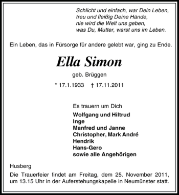 Traueranzeige von Ella Simon von Holsteinischer Courier