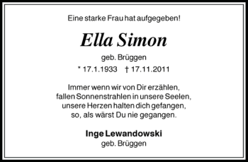 Traueranzeige von Ella Simon von Holsteinischer Courier