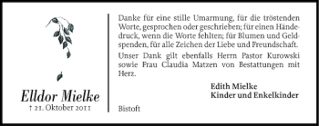 Traueranzeige von Elldor Mielke von Flensburger Tageblatt