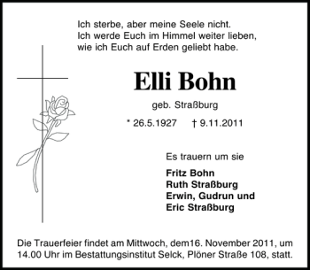 Traueranzeige von Elli Bohn von Holsteinischer Courier
