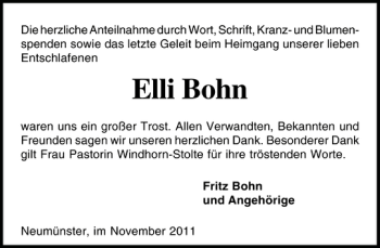 Traueranzeige von Elli Bohn von Holsteinischer Courier
