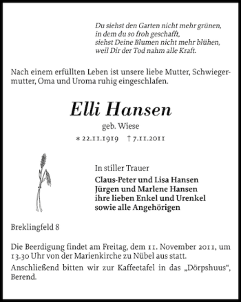 Traueranzeige von Elli Hansen von Schleswiger Nachrichten