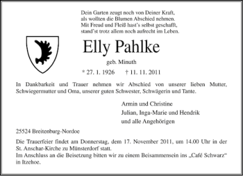 Traueranzeige von Elly Pahlke von Norddeutsche Rundschau