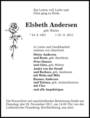 Traueranzeige von Elsbeth Andersen von Pinneberger Tageblatt