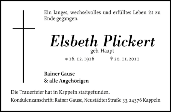 Traueranzeige von Elsbeth Plickert von Pinneberger Tageblatt