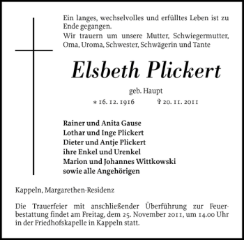 Traueranzeige von Elsbeth Plickert von Schlei-Bote
