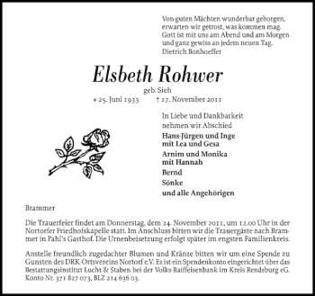 Traueranzeige von Elsbeth Rohwer von Landeszeitung