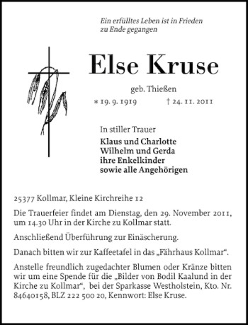 Traueranzeige von Else Kruse von Norddeutsche Rundschau