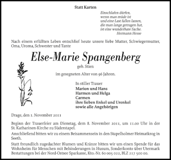 Traueranzeige von Else-Marie Spangenberg von Husumer Nachrichten