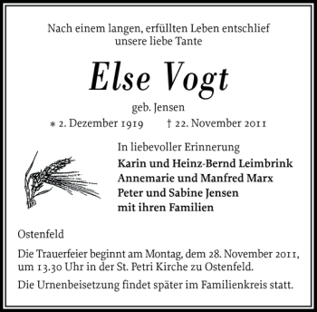 Traueranzeige von Else Vogt von Husumer Nachrichten