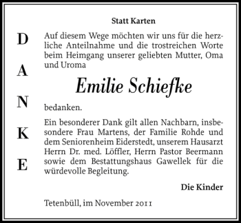 Traueranzeige von Emilie Schiefke von Husumer Nachrichten