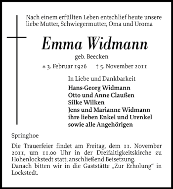 Traueranzeige von Emma Widmann von Norddeutsche Rundschau