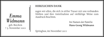 Traueranzeige von Emma Widmann von Norddeutsche Rundschau