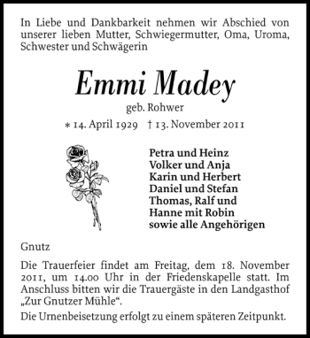 Traueranzeige von Emmi Madey von Landeszeitung