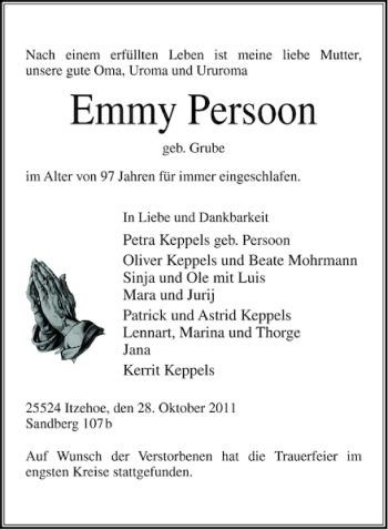 Traueranzeige von Emmy Persoon von Norddeutsche Rundschau