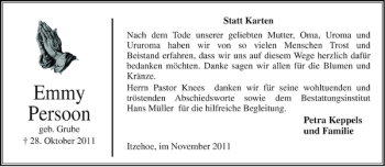 Traueranzeige von Emmy Persoon von Norddeutsche Rundschau