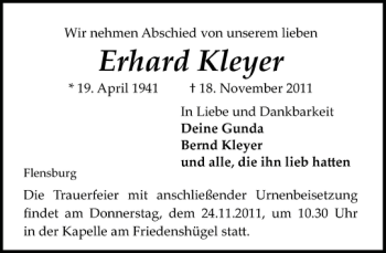 Traueranzeige von Erhard Kleyer von Flensburger Tageblatt