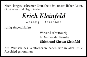 Traueranzeige von Erich Kleinfeld von Eckernförder Zeitung