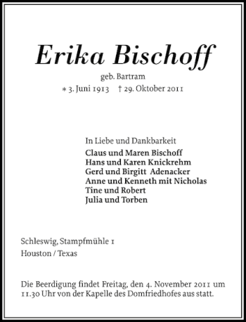 Traueranzeige von Erika Bischoff von Schleswiger Nachrichten