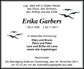Traueranzeige von Erika Garbers von Holsteinischer Courier