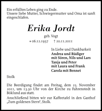 Traueranzeige von Erika Jordt von Flensburger Tageblatt