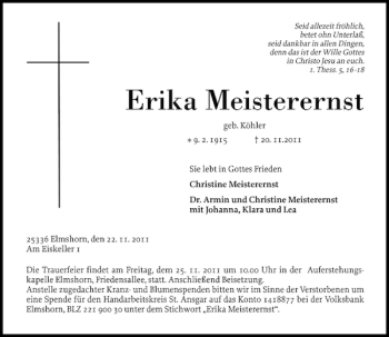 Traueranzeige von Erika Meisterernst von Elmshorner Nachrichten