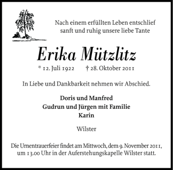 Traueranzeige von Erika Mützlitz von Norddeutsche Rundschau