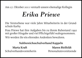 Traueranzeige von Erika Priewe von Schlei-Bote