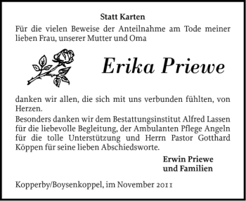 Traueranzeige von Erika Priewe von Schlei-Bote