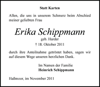 Traueranzeige von Erika Schippmann von Landeszeitung