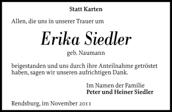 Traueranzeige von Erika Siedler von Landeszeitung